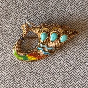 Vintage Chinese Export Silver Gilt Filigree Enamel Turquoise Swan Brooch